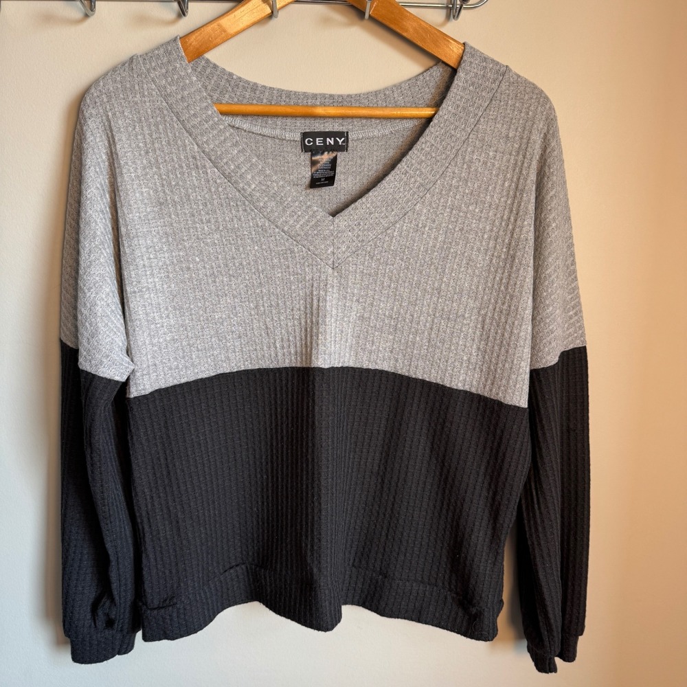 Ceny Womens Color Block Waffle Knit V-Neck Long Sleeve Gray Black Sweater Top M